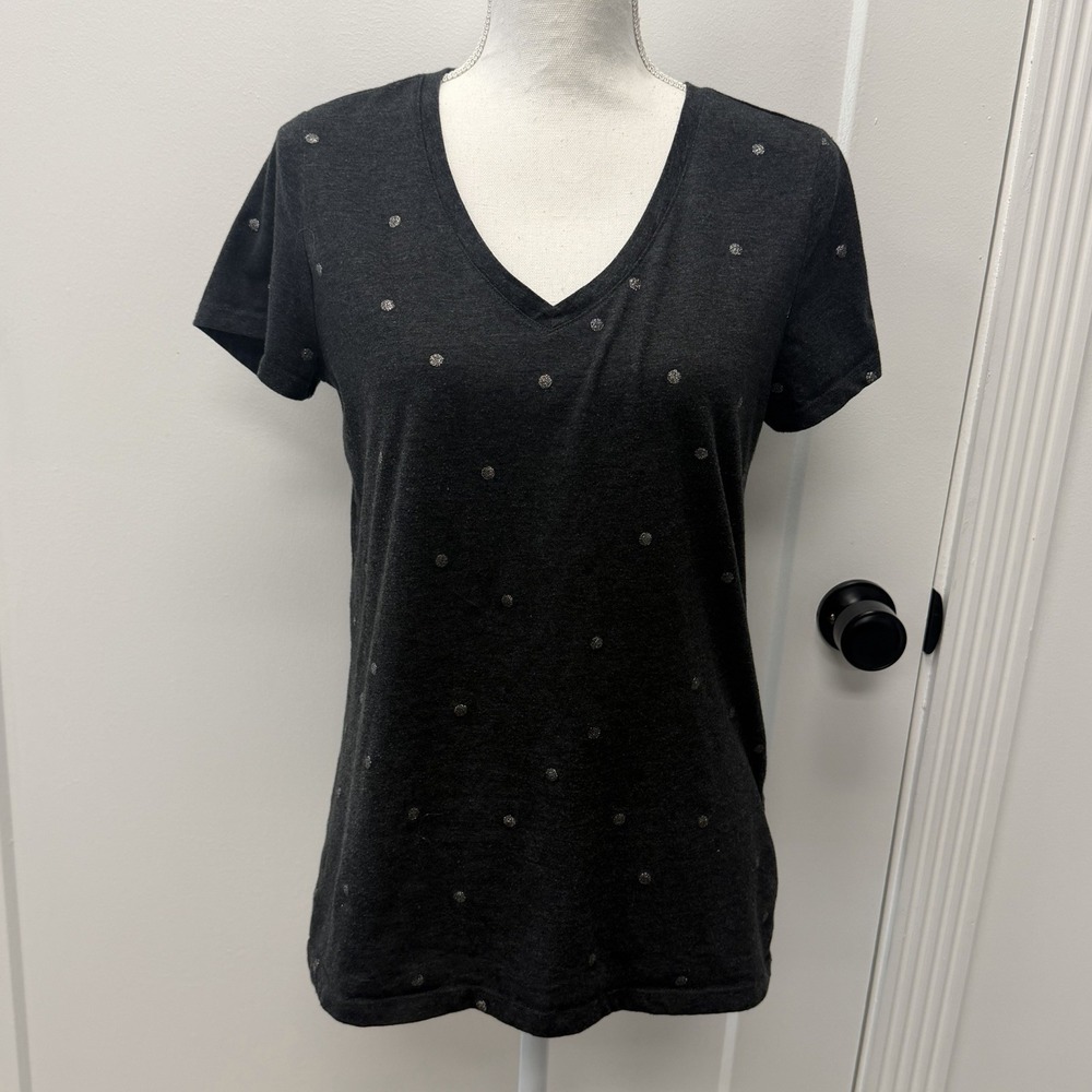 Charcoal, gray V-neck, short sleeve polkadot casual  Fav T-shirt
